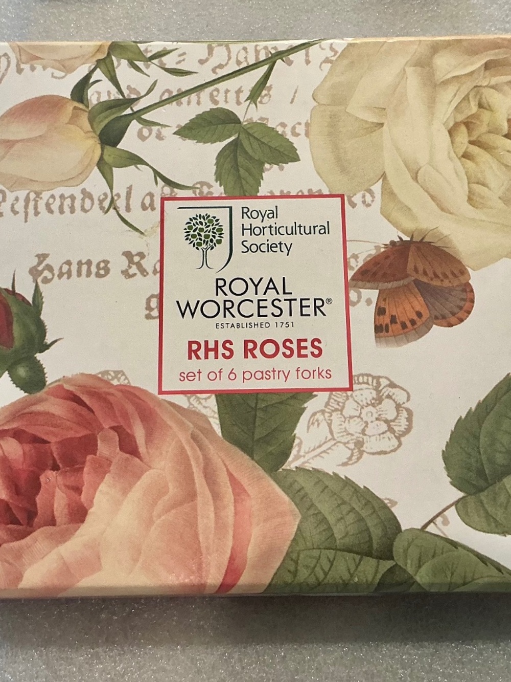 Royal Worcester Set of 6 Pastry Forks Porcelain Handles RHS Roses Boxed